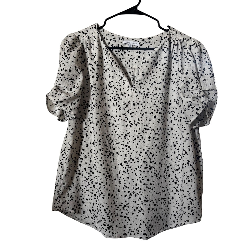 Maison d'Amelie Paris Women's Blouse Large V-Neck Short Sleeve‎ Black White Dots